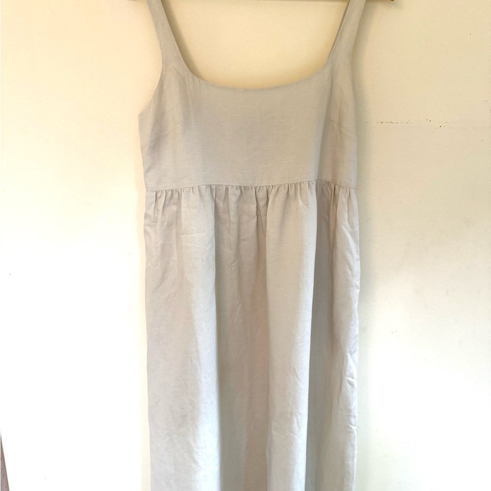 Zara Beige Maxi Linen Blend Dress with Pockets Smocked Back Size L